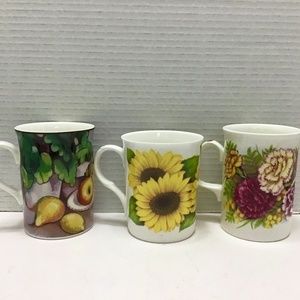 3 Lovely Porcelain Mugs with Floral Designs and Fruit Designs